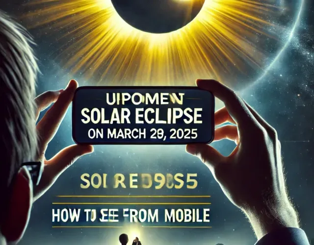 DALL·E 2025-03-19 18.49.05 - A visually striking image of the upcoming solar eclipse on March 29, 2025, with a focus on how to view it using a mobile phone. The background feature