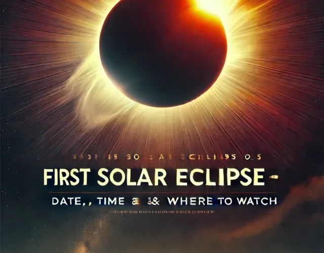 A visually striking image of the **First Solar Eclipse of 2025**, featuring the Sun partially obscured by the Moon with a glowing corona. The background has a dramatic dark sky with an orange-red gradient. The title is displayed in bold **yellow text** for clear visibility.